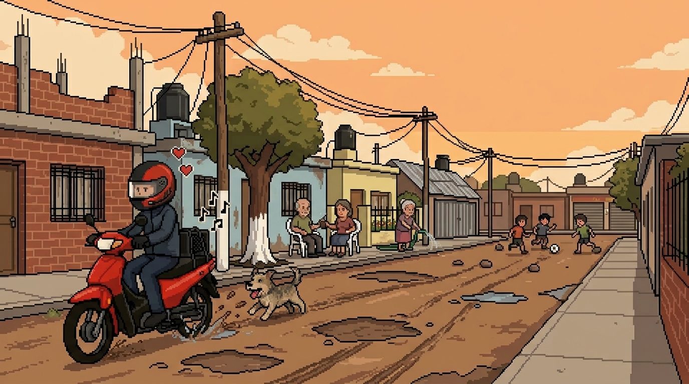 Ilustración: la mascota de Butakero, con casco rojo y auriculares, en una moto roja con un parlante atrás, pasando por una calle de tierra con pozos en un barrio de Argentina. Vecinos toman mate en la vereda, un perro corre atrás de la moto y unos chicos juegan a la pelota.